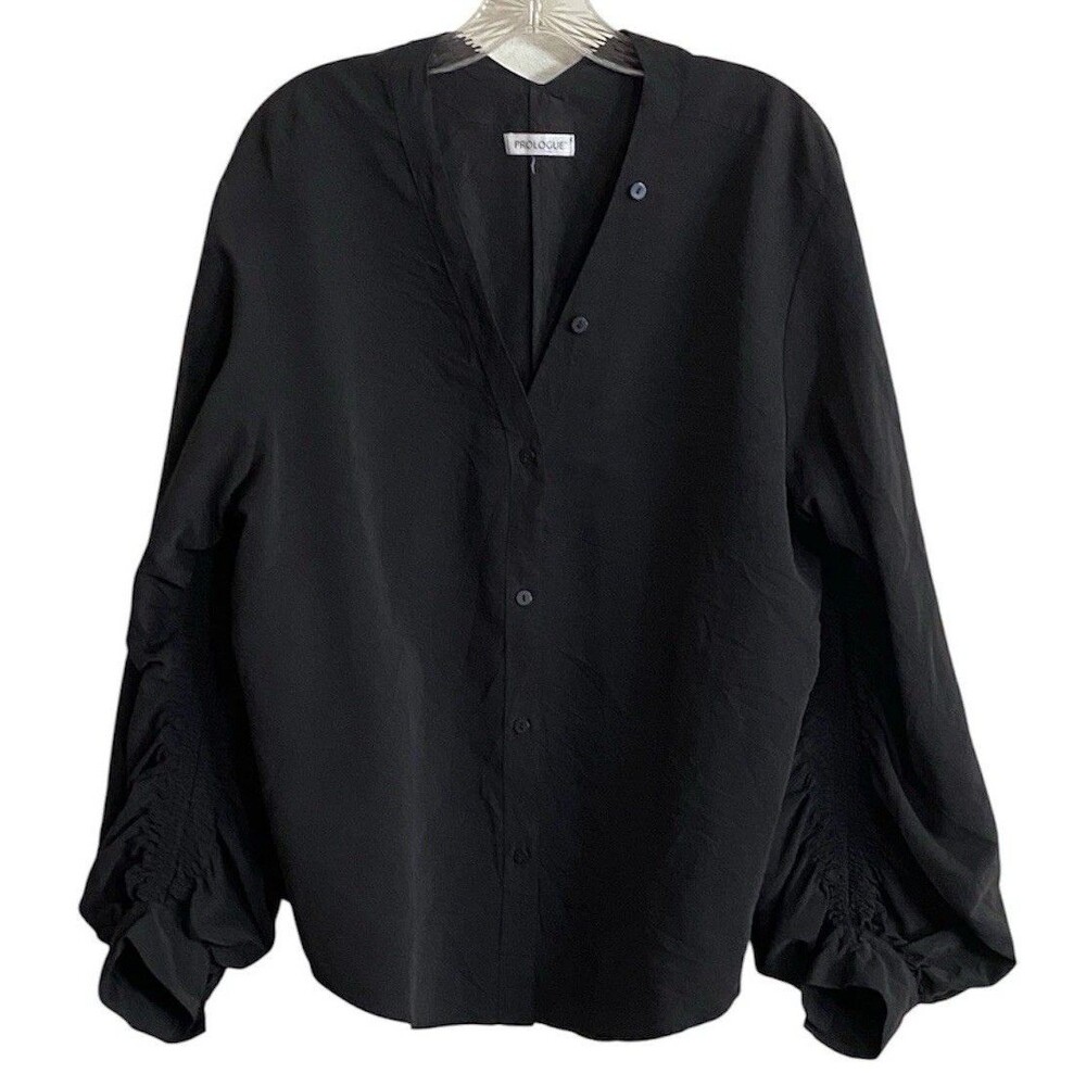 PROLOGUE Top Womens Sz 2X Black Ruched Long Sleeves Quiet Luxury Minimalist Goth